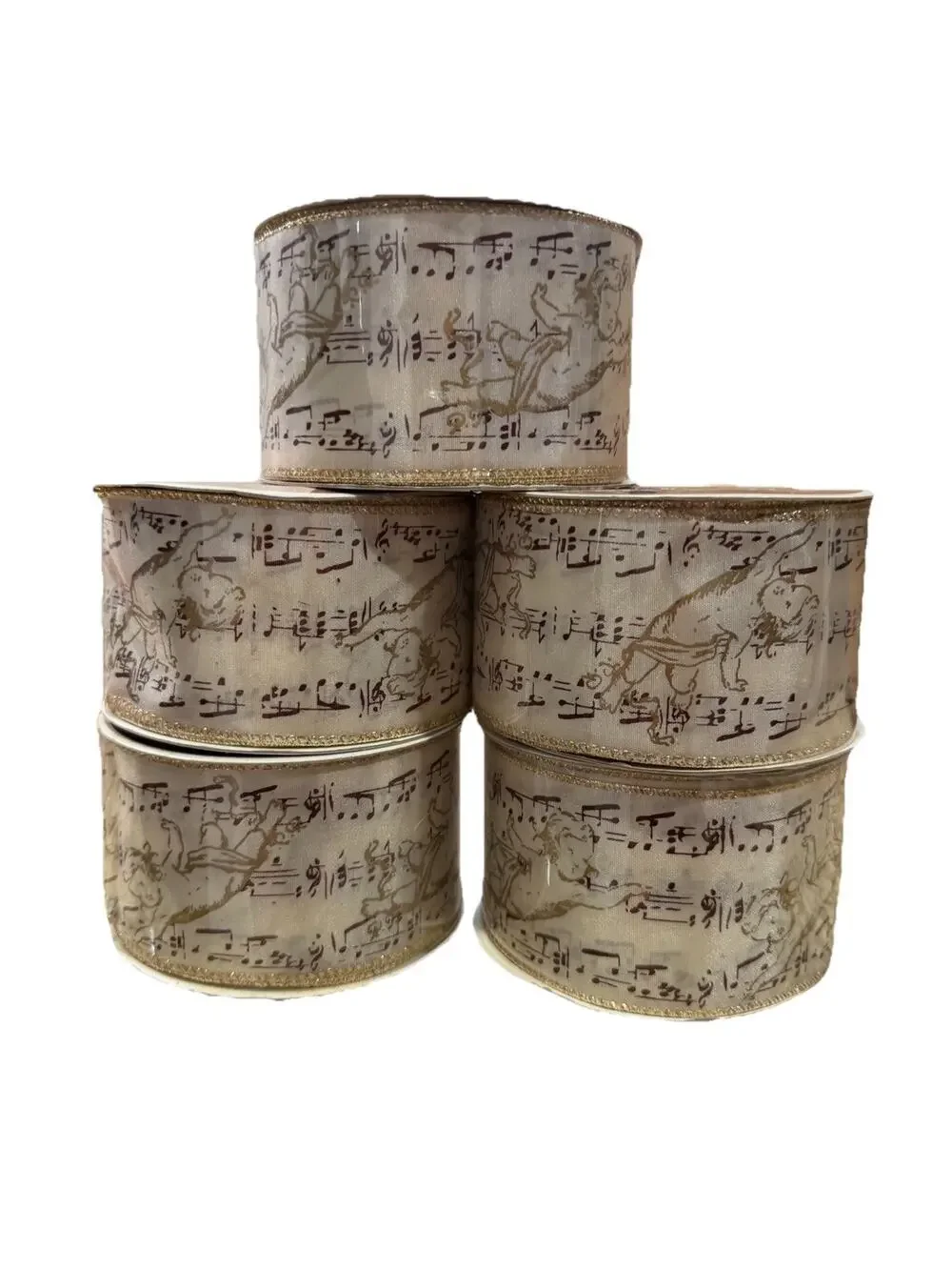 Celebrate It Wire-Edged Christmas Ribbon Gold& Ivory cherub Angel Music 5 Rolls